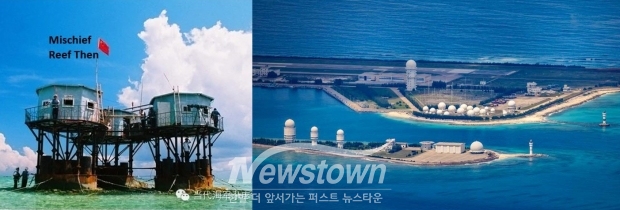 미스치프 암초 : 1990년대 중국이 초기에 어부를 위해 세운 목조 구조물 (좌) 현재 거대 인공섬 조성으로 군사기지로 바꾼 모습&nbsp; (우)/X