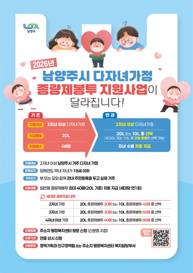 남양주, ‘다자녀가정 종량제봉투 지원’ 2자녀 이상으로 확대 / 남양주시청
