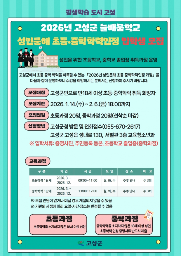 고성군, 성인문해 초등·중학 학력 인정과정 입학생 모집한다/고성군