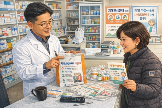 경주시 치매안심센터가 약국 122곳과 협력해 치매환자 지원서비스 홍보에 나선 가운데, 약사가 약제봉투에 담긴 안내문을 통해 치매안심센터 지원 정보를 설명하고 있다