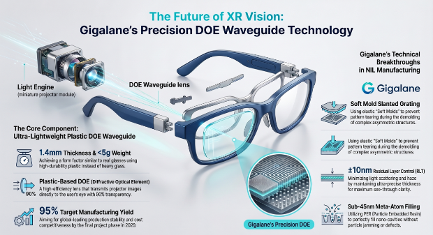 AI가 생성한 AI 스마트글래스용 웨이브가이드 렌즈 콘셉트 이미지. 기가레인은 AI 스마트글래스의 핵심 부품인 웨이브가이드 렌즈의 개발 및 제작을 담당하고 있다. (기가레인 제공)