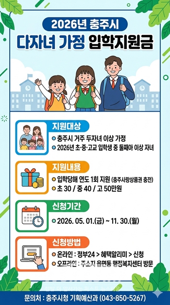 초·중·고 입학 둘째 자녀 이상 입학지원금 지원