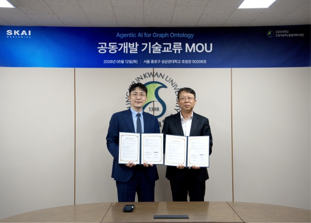 스카이월드와이드-성균관대 MOU 체결식(자료제공=SKAI월드와이드)설명: (왼쪽부터) 신재혁 스카이월드와이드 대표이사, 김재현 인공지능혁신융합대학사업단 단장